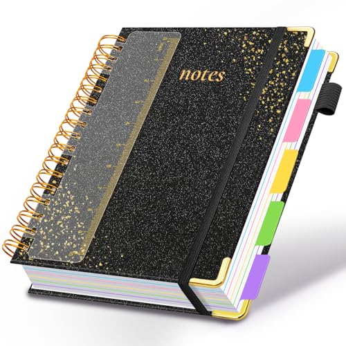 Hardcover Spiral Notebook with Removable Dividers & Tabs, 8.5"x11" 5 Subject Notebooks for Work, 300 Pages College Ruled Notebook, A4 Sparkle Lined Journal for Women Girls Note-Taking (Black) - color: Black, size: 8.5''x 11''