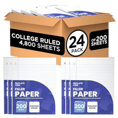 Loose Leaf Paper College Ruled Notebook Paper College Ruled Lined Writing Filler Paper 10.5” x 8” 4800 Sheets 200 Sheets Per Pack 60 gsm (24 Pack) - size: 24 Pack