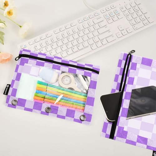 Purple Grid Pencil Pouch for 3 Ring Binder with Zipper 2 Pack Binder Pouches Cosmetic Bag with Clear Window - color: multi-p1