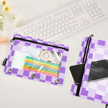 Purple Grid Pencil Pouch for 3 Ring Binder with Zipper 2 Pack Binder Pouches Cosmetic Bag with Clear Window - color: multi-p1