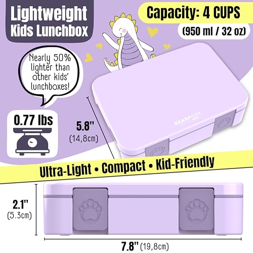 BEARFOOT Kids Lunch Box with Compartments – Compact & Lightweight | Leak-Proof, BPA-Free, Dishwasher Safe | Hand-Drawn Design for Preschool, School, Travel (Purple, 4 Cups) - color: Purple, size: 4 Cups