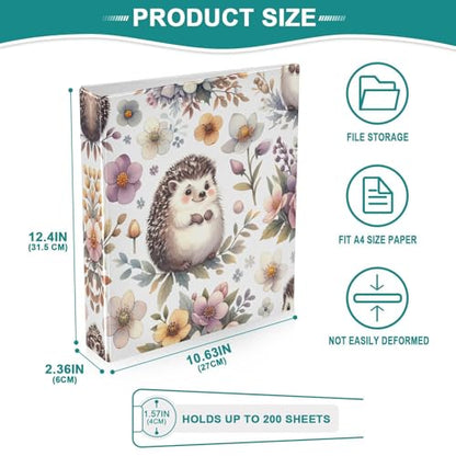 3 Ring Binder with Clipboard, D Rings Holds 200 Sheets, Heavy Duty Binders Folder for School Office, Waterproof PVC Cover with 3 Interior Clear Pockets, Hedgehog Winter Pattern