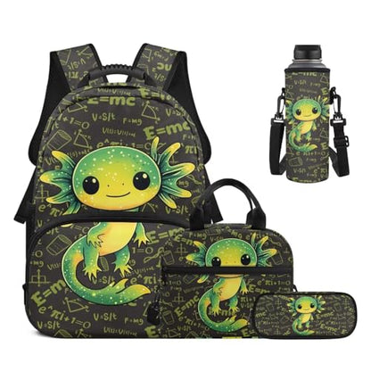17 Inch Kid's 4PCS Backpack Set, Back to School Essentials | Insulated lunch box, water bottle pouch, pencil case, lightweight, padded shoulder straps, for elementary, middle school - color: Green Axolotl