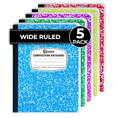 Rosmonde 5 Pack Composition Notebook Wide Ruled, 200 Pages (100 Sheets), 9-3/4x7-1/2, Notebooks for Work, Back to School Supplies, Hard Cover Composition Books, Notebooks for Women, Colors May Repeat - size: 5 Pack