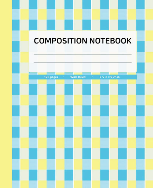 Composition Notebook Wide Ruled | Checkered Pattern with Corn Yellow Spine Color | 120 Pages, 7.5x9.25 inches