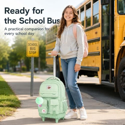 CCJPX Rolling Backpack for Girls Women, 21 inch Roller Wheels School Bookbag, Wheeled Suitcase Backpacks with Lunch Bag for Teen - Green - color: Green