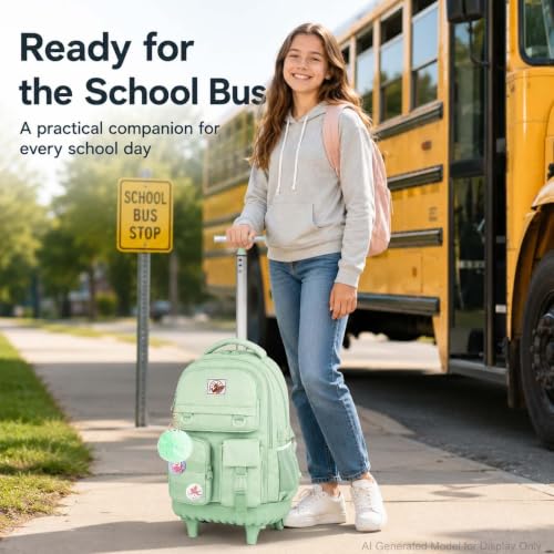 CCJPX Rolling Backpack for Girls Women, 21 inch Roller Wheels School Bookbag, Wheeled Suitcase Backpacks with Lunch Bag for Teen - Green - color: Green