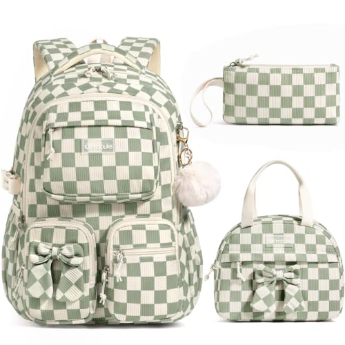Fimibuke 3PCS Corduroy Backpack for School Girls with Lunch Box Pencil Case | Lightweight Teen Girls Bow backpack, Kids School Bag Bookbag for Elementary Middle High School Supplies Laptop Travel Daypack - color: Green Checkered