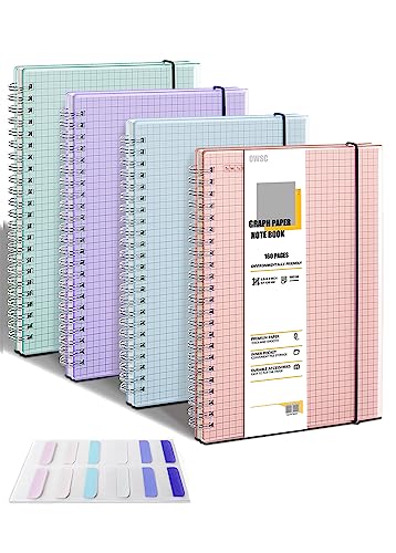 OWSC 4 Pack Graph Spiral Notebook, Hardcover Notebooks for Work A5 Graph | 5.9 x 8.3 IN Notebooks College Ruled for Note Taking, School and Journal with 80 Sheets/160 Pages 110 GSM Thick Papers - size: Graph-A5-4 Pcs