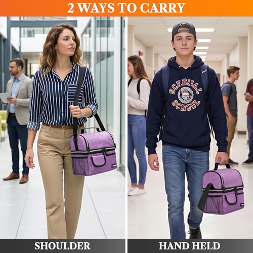 opux Insulated Lunch Bag Women Men, Dual Compartment Leakproof Lunch Box Adults Kids, Double Decker Meal Prep Bento Lunch Cooler Tote with Shoulder Strap for Work Office School Travel, Purple - color: Heather Purple