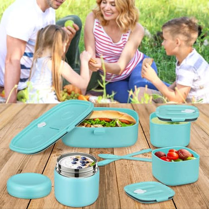 Pawtong Bento Lunch Box with 8oz Soup Thermo, Kids Sustainable Bento Box Leakproof Lunch Food Containers with Lunch Bag, Kids Thermo Insulated Hot Food Jar for School, Trvael (Blue) - color: Blue