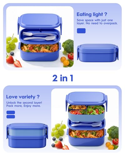 BiuLeon Bento Box Adult Lunch Box, 65 Oz Capacity Lunch Containers(Adjustable 2/3 Tier), BPA-Free, Leak-Proof and Stackable Bento Lunch Box, Microwave & Dishwasher Safe with Utensils(Blue) - color: Blue