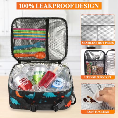 opux Insulated Lunch Bag for Kids, Reusable Lunch Box for School with Leakproof Lining, Compact Soft Cooler Tote for Boys & Girls, Front Pocket, Mesh Side Bottle Holder (Dinosaur) - color: Dinosaur