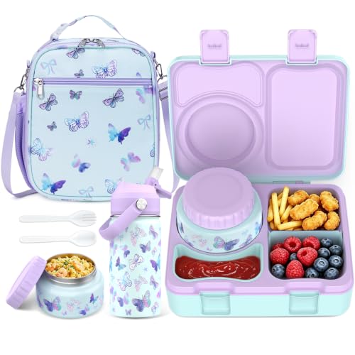 Bento Lunch Box for Kids Adult, Leakproof 3-4 Compartment Bento Box Set with Insulated Food Jar,Water Bottle, Lunch Bag, School Lunch Container for Toddler Teen Girls Boys Ages 3+(Butterfly) - color: Butterfly