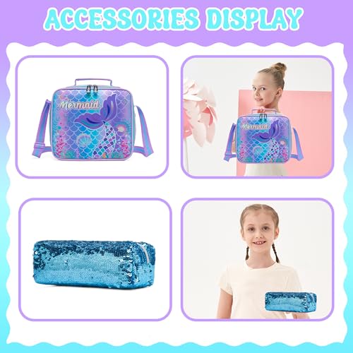 Meetbelify Girls Cute Backpack with Wheels for Elementary Students Kids Black Travel Luggage - color: Blue Mermaid