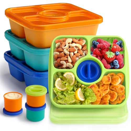 QQKO Bento Snack Box Containers for Adults Kids, 4 Pack Lunchable Meal Prep Containers Reusable, Stackable Bento Lunch Box, Food Storage Prep Containers with Lids and 4 Sauce Cups, Jewel Color - color: Jewel, Clear Lid
