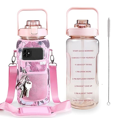 Half Gallon Water Bottle with Sleeve, 64OZ Motivational Water Bottle | Water Jug with Straw, Time Marker, BPA Free, Leakproof, Gym Water Bottle for Sport Workout - color: Pink Rose