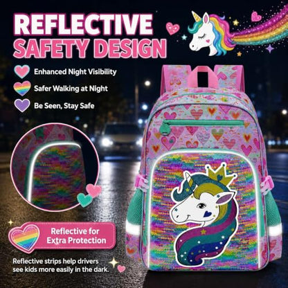 gxtvo 3PCS Girls Backpack, 16" Sequin Prechool Elementary Bookbag and Lunch Box - color: Reversible Sequins Unicorn Clip-on Backpack