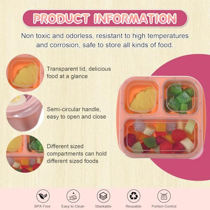 Honeydak 5 Pack Snack Containers 3 Compartment Bento Snack Boxes Divided Meal Prep Containers with Lids Reusable Adults Lunch Food Storage Box for School Work Travel(Pink Brown) - color: Pink Brown