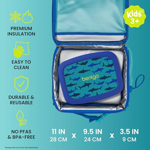 Bentgo Kids Lunch Bag - Durable, Double-Insulated Lunch Bag for Kids 3+; Holds Lunch Box, Water Bottle, & Snacks; Easy-Clean Water-Resistant Fabric & Multiple Zippered Pockets (Shark) - color: Sharks