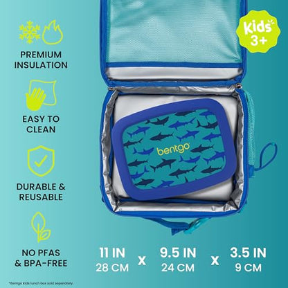 Bentgo Kids Lunch Bag - Durable, Double-Insulated Lunch Bag for Kids 3+; Holds Lunch Box, Water Bottle, & Snacks; Easy-Clean Water-Resistant Fabric & Multiple Zippered Pockets (Shark) - color: Sharks