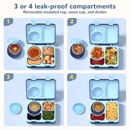 Bento Box for Kids, Leakproof Kids Bento Lunch Box Container with 8oz Insulated Thermo Food Jar, Sauce Jar, Utensil, DIY Stickers for School Boys Girls, 3-4 Compartments, BPA-Free - color: Navy Blue