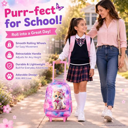 AGSDON 3PCS Rolling Backpack for Girls and Boys, Kids Roller Wheels Bookbag, Wheeled Elementary School Bag with Lunch Bag - color: Doctor Cat