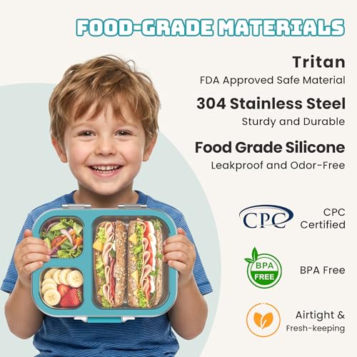 LOHASOK Kids Stainless Steel Lunch Bento Box BPA-Free Leak-Proof Tritan Lid 304 Metal Food Container with 3 Compartments for Girls Boys School Blue - color: Blue, size: 27oz/800ml