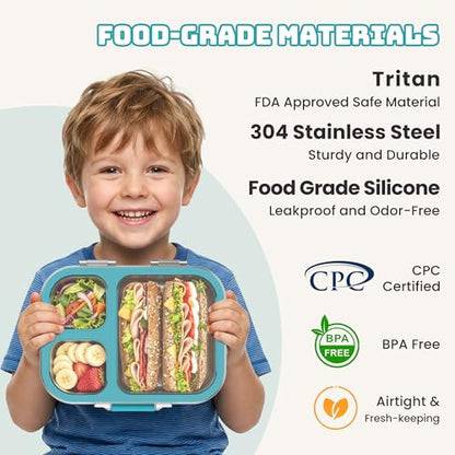 LOHASOK Kids Stainless Steel Lunch Bento Box BPA-Free Leak-Proof Tritan Lid 304 Metal Food Container with 3 Compartments for Girls Boys School Blue - color: Blue, size: 27oz/800ml