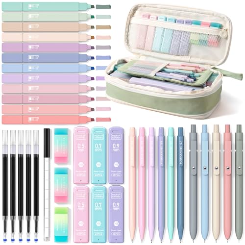Four Candies School Supplies with Cute Pen Case, 39ct Green | Back to School Stationery Set, Essentials for College & Nursing Students, 5 Gel Pens, 6 Mechanical Pencils, 12 Highlighters - color: Green, size: 39 Count (Pack of 1)