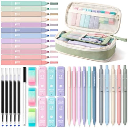 Four Candies School Supplies with Cute Pen Case, 39ct Green | Back to School Stationery Set, Essentials for College & Nursing Students, 5 Gel Pens, 6 Mechanical Pencils, 12 Highlighters - color: Green, size: 39 Count (Pack of 1)