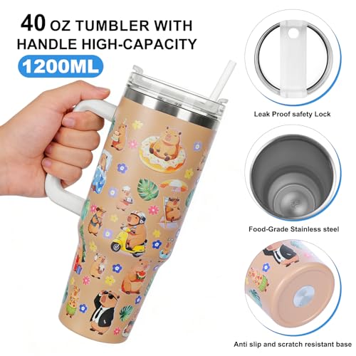 Capybara Water Bottle with Straw and Handle - 1200ml/40OZ Large Sport Water Flask,Stainless Steel Capybara Water Cup Insulated and Cold-keeping,Capybara Stuff Gifts for Boys Girls Kawaii Water Bottles - size: 40.6 Ounces