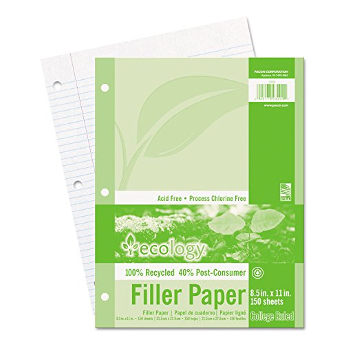 Ecology College Ruled Recycled Filler Paper,White, 150 Sheets (3202)