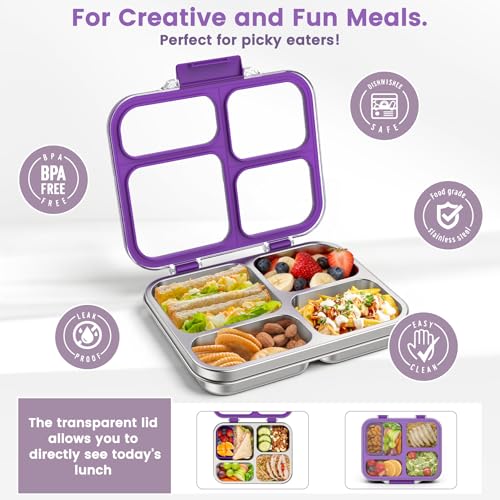 Stainless Steel Bento Box for Kids Adults with Silicone Container, Leak Proof 4 Compartments Metal Lunch Box, Removable Silicone Seal & Clear Lid Food Container for School Office, BPA-Free(Purple) - color: Purple