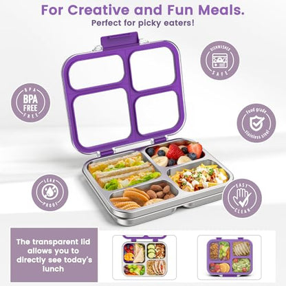 Stainless Steel Bento Box for Kids Adults with Silicone Container, Leak Proof 4 Compartments Metal Lunch Box, Removable Silicone Seal & Clear Lid Food Container for School Office, BPA-Free(Purple) - color: Purple