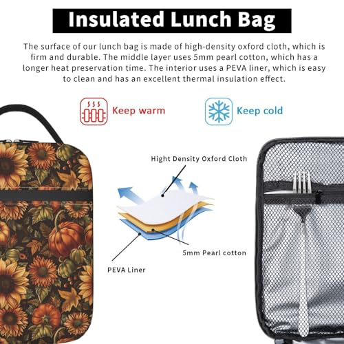 Sunflower Lunch Box for Kids Aldults, Rustic Floral Reusable Thermal Insulation Cooler Tote Bags, Autumn Bloom Harvest Pattern Insulated Bag for Student, School Picnic Camping Travel, Gifts - color: Sunflower01