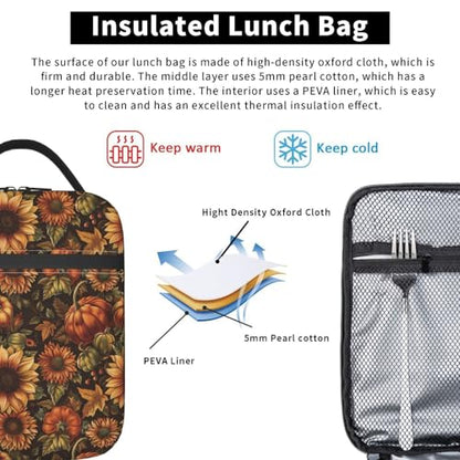 Sunflower Lunch Box for Kids Aldults, Rustic Floral Reusable Thermal Insulation Cooler Tote Bags, Autumn Bloom Harvest Pattern Insulated Bag for Student, School Picnic Camping Travel, Gifts - color: Sunflower01