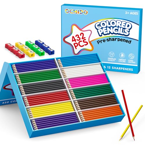 OCHIDO 432 Count Colored Pencils Bulk for Classroom, Pre-sharpened Color Pencils for Kids in 12 Assorted Colors, Coloring Pencils Set Plus 12 Sharpeners, Back to School Supplies, Teachers Essential