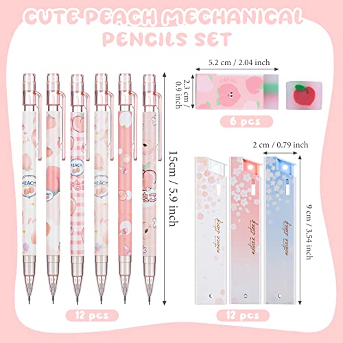 Breling 30 Pcs Kawaii Peach Mechanical Pencil Gift Set 12 Mechanical Japanese Pencils 6 Cute Peach Eraser 12 Tube HB Refill First Day of School Office Gift(0.5mm) - size: 0.5mm