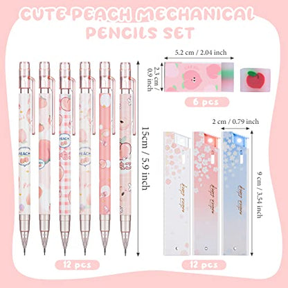 Breling 30 Pcs Kawaii Peach Mechanical Pencil Gift Set 12 Mechanical Japanese Pencils 6 Cute Peach Eraser 12 Tube HB Refill First Day of School Office Gift(0.5mm) - size: 0.5mm