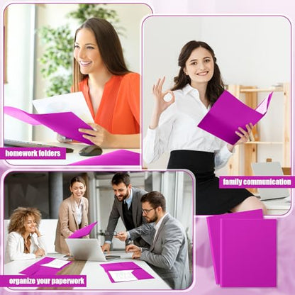 Gueevin 100 Pack Plastic Folder with Pockets, 2 Pocket Folders, Plastic Glossy Folders Fit Letter Size Paper, Heavy Duty Durable File Folder with Business Card for Home Office School (Neon Purple) - color: Neon Purple