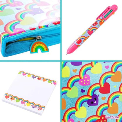 GirlZone 43-Piece Rainbow Filled Pencil Case with Supplies - Ages 7+ - Art Kit, Marker Binder & Stationery Set for Kids