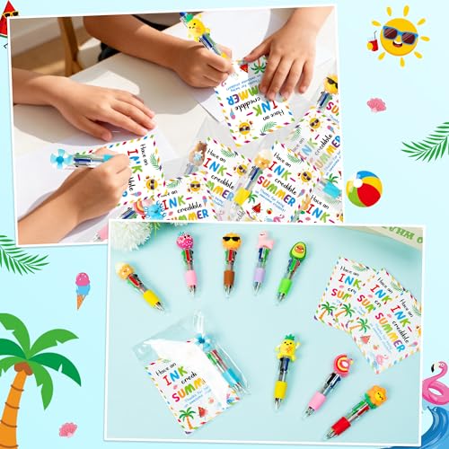 ANGOLIO End of Year Student Gifts Bulk 28 Sets Cute Summer 4 in 1 Multicolor Ballpoint Pens with Gift Cards for Summer Graduation Birthday Party Favors School Classroom Supplies Kids Students Rewards - style: Summer