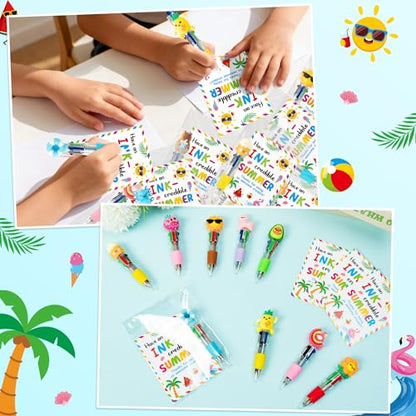 ANGOLIO End of Year Student Gifts Bulk 28 Sets Cute Summer 4 in 1 Multicolor Ballpoint Pens with Gift Cards for Summer Graduation Birthday Party Favors School Classroom Supplies Kids Students Rewards - style: Summer