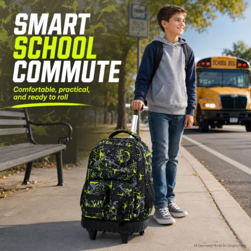 CCJPX 3Pcs Rolling Backpack for Boys, Roller Wheeled School Bookbag, Graffiti Wheels Backpacks with Lunch Box for Kids (Green) - color: Graffiti Green