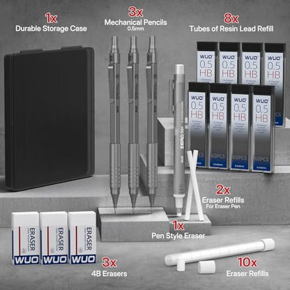 WUO 0.5mm Mechanical Pencil Set, 3 Grey Metal Drafting Pencils with 480 HB Lead Refills, Precision Eraser Pen, 4B Erasers & Case, Mechanical Pencils for Writing, Drawing, Sketching & School - color: Grey, size: 0.5