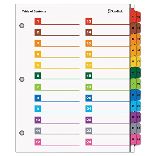 Cardinal Binder Dividers, 24 Tabs, Numbered 1–24, Customizable Table of Contents Page, Reversible Multicolor Tabs, 3-Hole Punched for Binders - style: 24 Tab