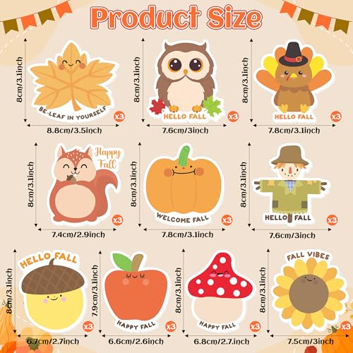 Xqumoi 30 Pack Welcome Fall Sticky Notes - Total 600 Sheets - Thanksgiving Turkey Pumpkin Scarecrow Self Sticky Writing Memo Pads for Autumn Party Favors Office School Supplies Goodies Bag Filler - style: Fall