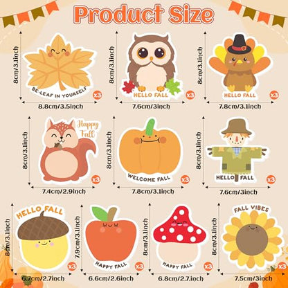 Xqumoi 30 Pack Welcome Fall Sticky Notes - Total 600 Sheets - Thanksgiving Turkey Pumpkin Scarecrow Self Sticky Writing Memo Pads for Autumn Party Favors Office School Supplies Goodies Bag Filler - style: Fall