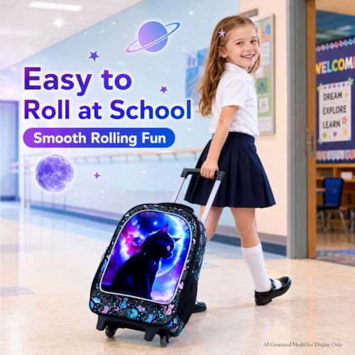 AGSDON 3PCS Rolling Backpack for Girls and Boys, Kids Roller Wheels Bookbag, Wheeled Elementary School Bag with Lunch Bag - color: Planet Cat Roller
